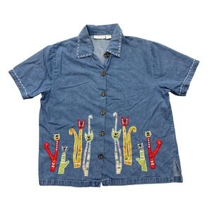 Vintage Moka Denim Button Up Embroidered Cat Grandma Whimsical Shirt 1X